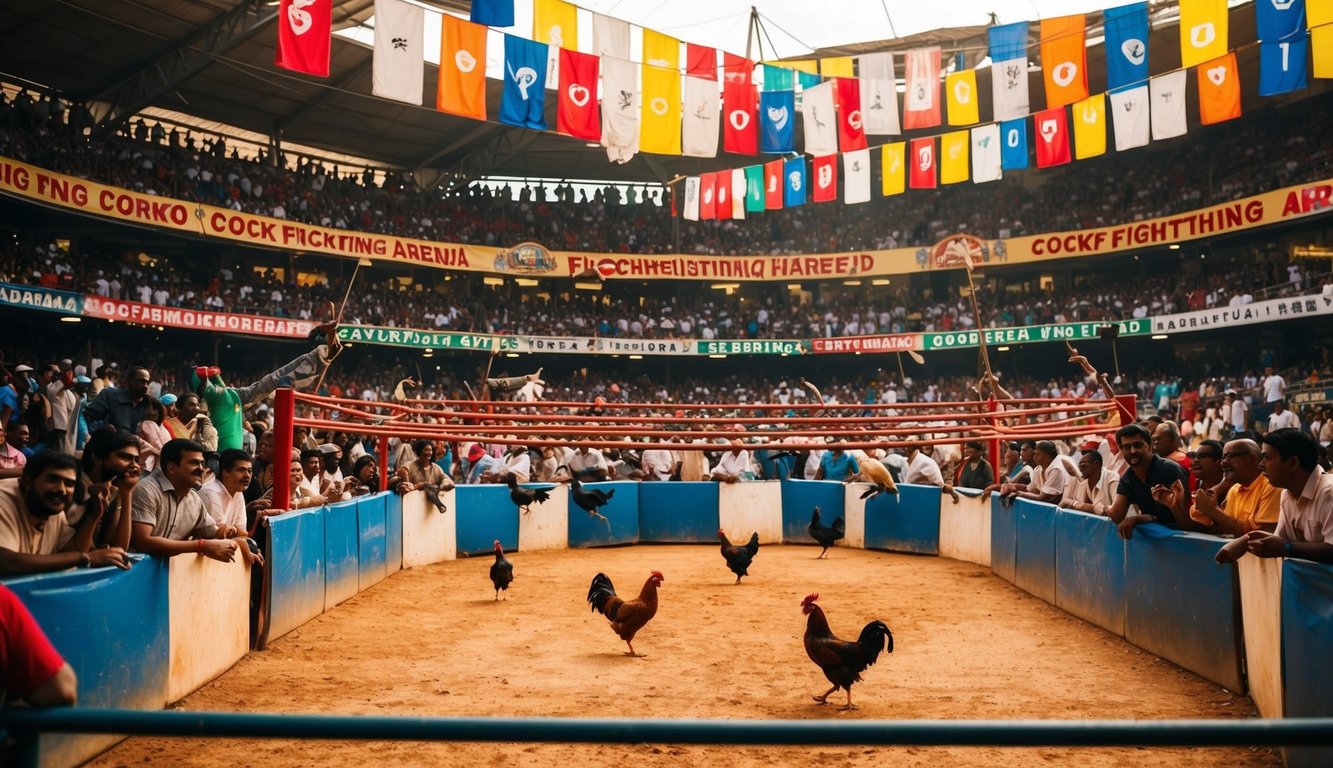 Sebuah arena sabung ayam yang ramai dengan spanduk berwarna-warni dan kerumunan yang bersemangat