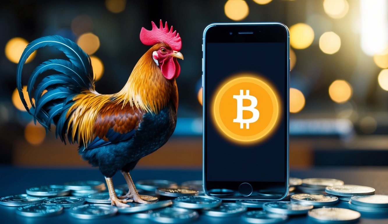 Seekor ayam jantan dan smartphone dengan simbol deposit yang bersinar, dikelilingi oleh berbagai bentuk mata uang digital