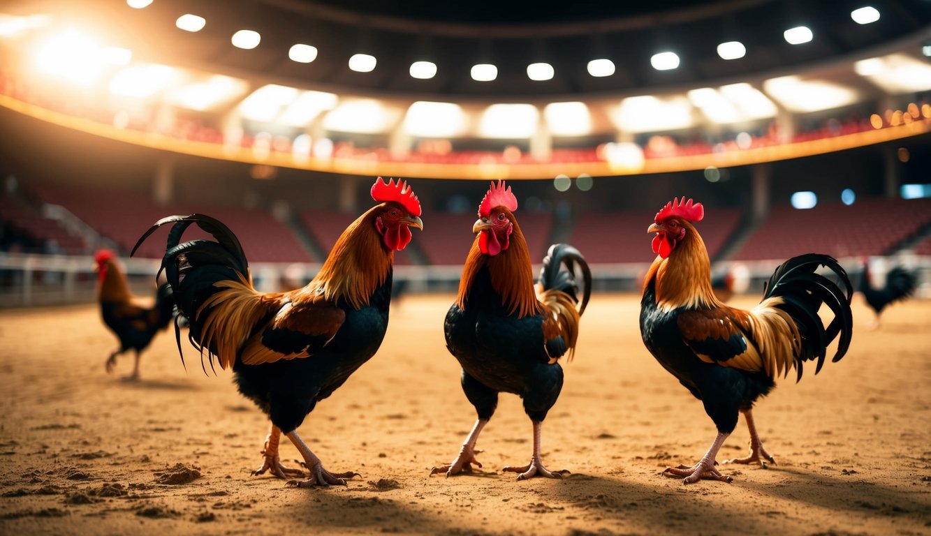 Arena sabung ayam online yang terang benderang dengan layanan 24/7, menampilkan ayam jantan yang siap bertarung