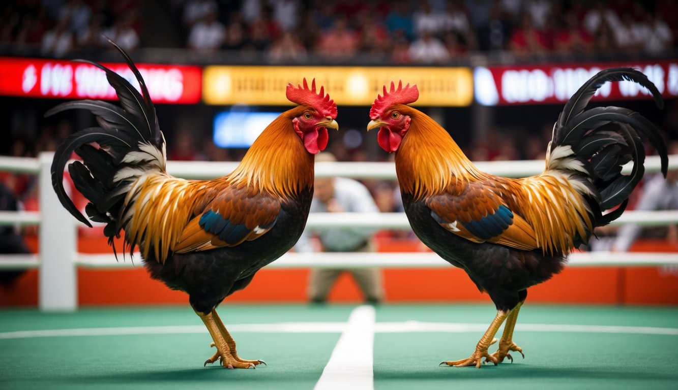 Dua ayam jantan berhadapan di arena sabung ayam online yang ramai, dengan taruhan yang intens dan peluang kemenangan yang tinggi