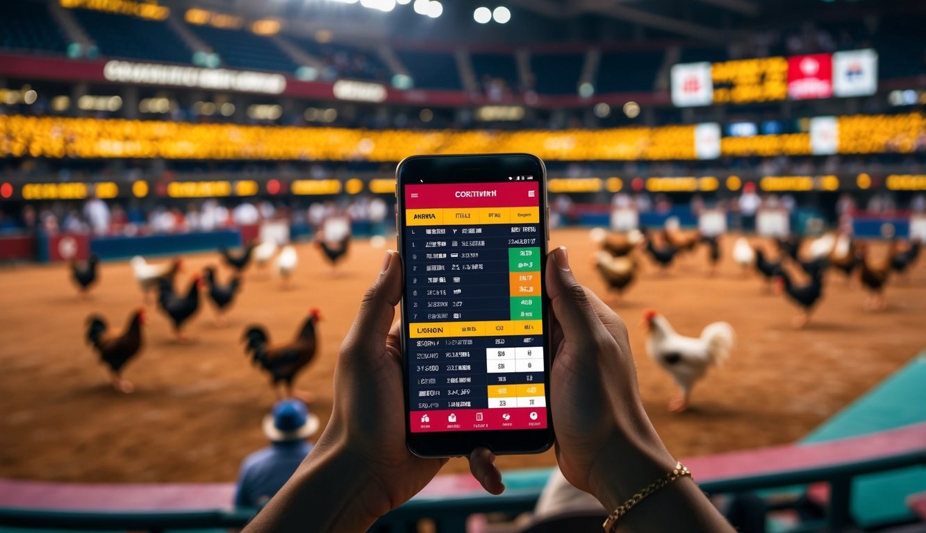 Sebuah arena yang ramai dan hidup dengan siaran langsung definisi tinggi dari pertandingan sabung ayam di platform taruhan