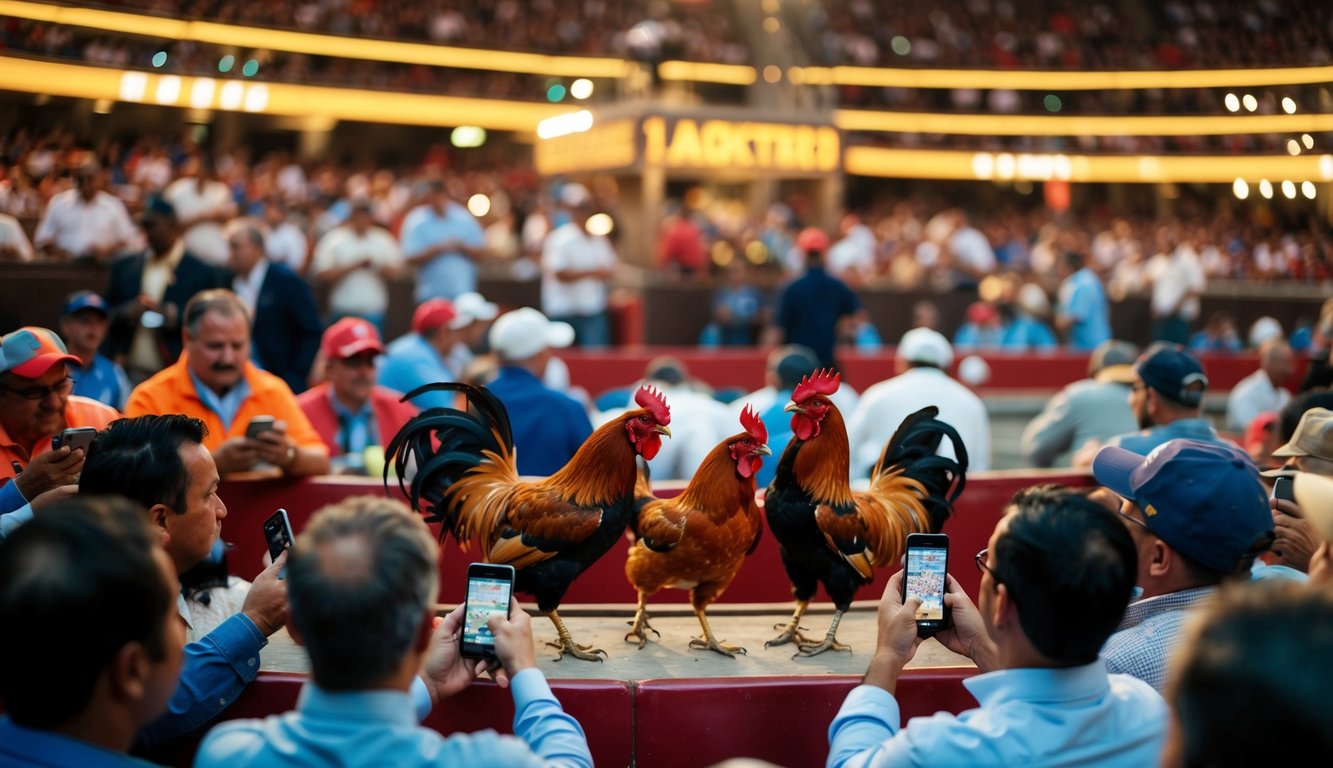 Sebuah arena yang ramai dengan ayam jantan bertarung, dikelilingi oleh penonton yang memasang taruhan menggunakan ponsel mereka