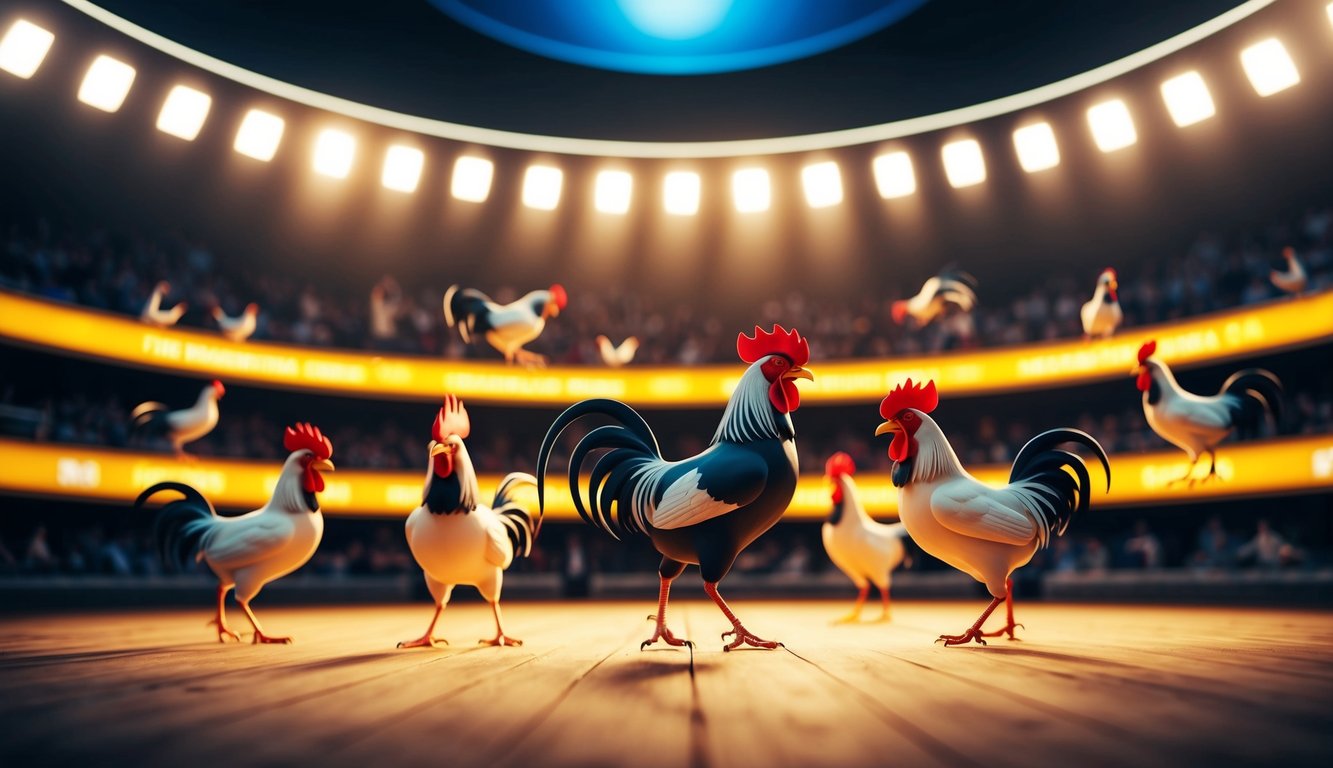 Sebuah arena sabung ayam online yang terang benderang dan ramai dengan layanan 24 jam, menampilkan ayam jantan animasi yang bertarung sengit