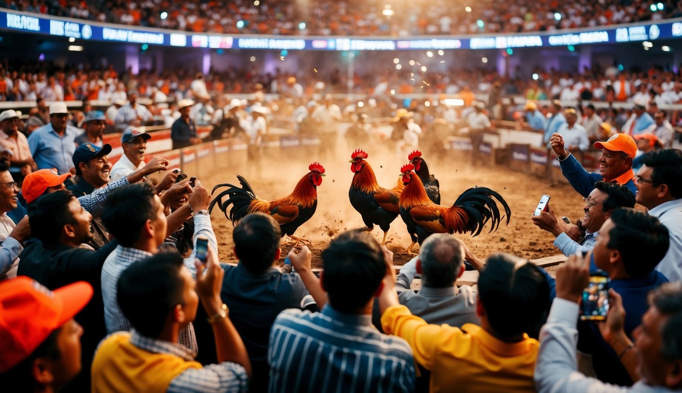 Sebuah arena yang ramai dengan ayam jantan bertarung sengit, dikelilingi oleh penonton yang antusias bersorak dan memasang taruhan