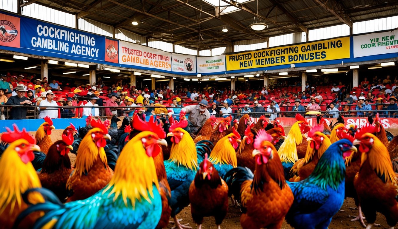 Sebuah arena yang hidup dan ramai dipenuhi dengan ayam jantan berwarna-warni dan penonton yang antusias, dengan spanduk yang mengiklankan agen perjudian sabung ayam yang terpercaya dan bonus anggota baru yang murah hati.