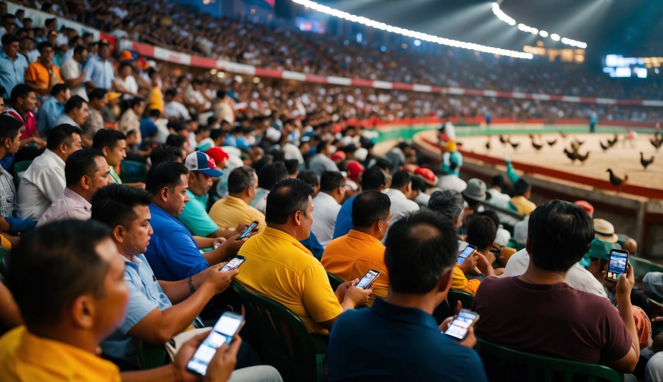 Arena sabung ayam yang ramai dengan penonton yang memasang taruhan menggunakan ponsel mereka