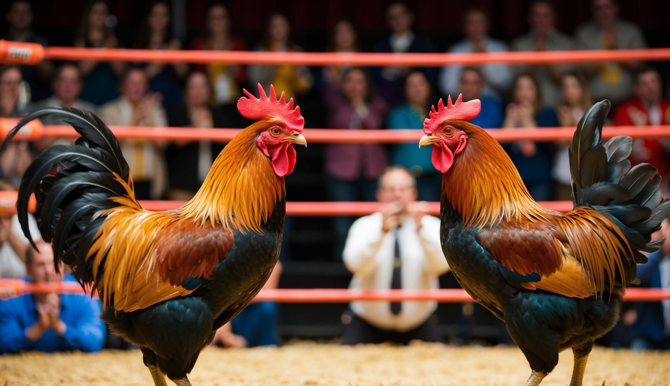 Seekor ayam jantan dan seekor ayam betina berhadapan di dalam arena, dikelilingi oleh kerumunan penonton yang bersorak-sorai.