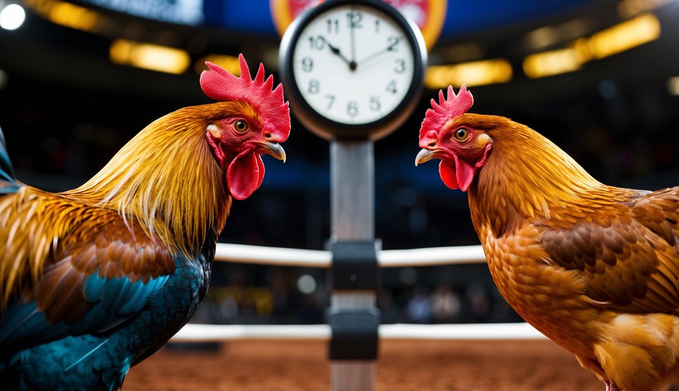 Seekor ayam jantan dan seekor ayam betina berhadapan di arena sabung ayam online, dengan jam yang menunjukkan layanan 24 jam