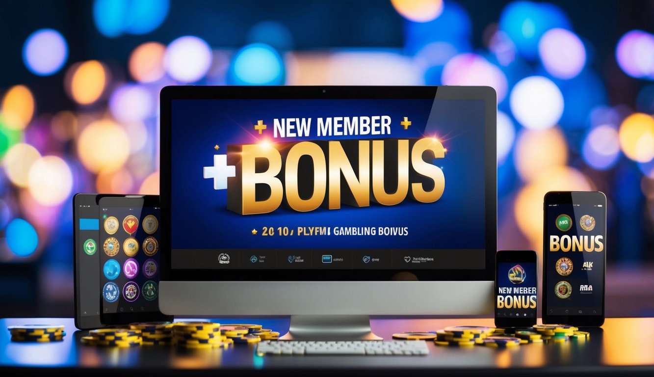 Sebuah platform perjudian online yang hidup dengan tawaran "bonus anggota baru" yang ditampilkan secara mencolok. Beberapa ikon permainan dan antarmuka yang ramping