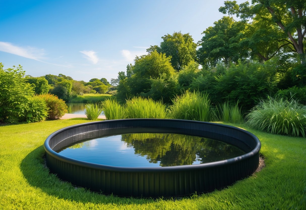 A tranquil pond with a black rubber liner, surrounded by lush greenery and a clear blue sky