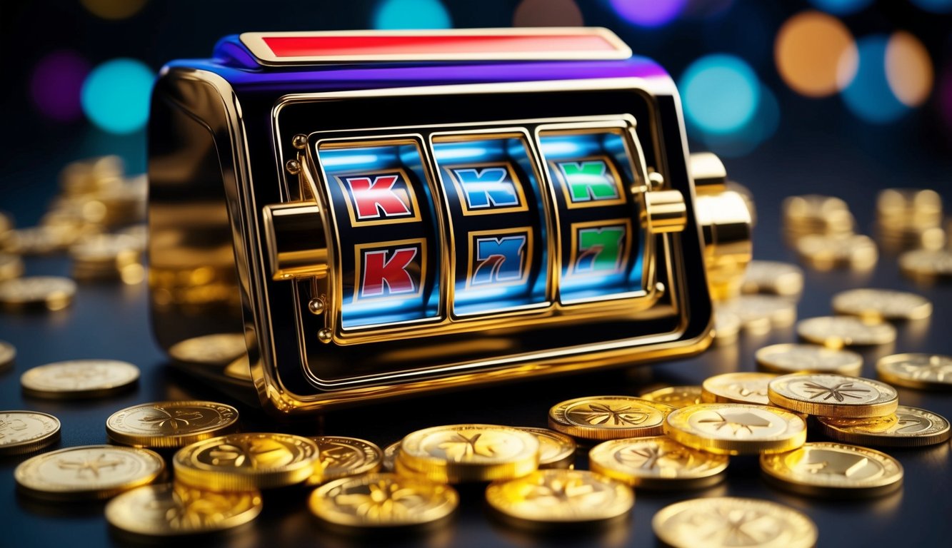 Mesin slot online berwarna-warni dikelilingi oleh koin emas dan simbol bonus yang berkilau