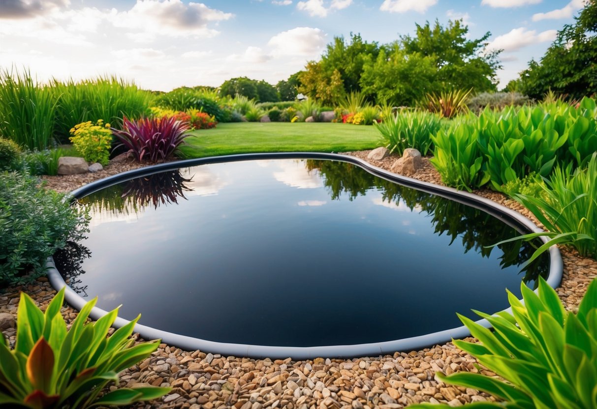 A tranquil pond with a smooth, black PondGard EPDM liner stretching across the water's surface, surrounded by lush green vegetation and colorful aquatic plants