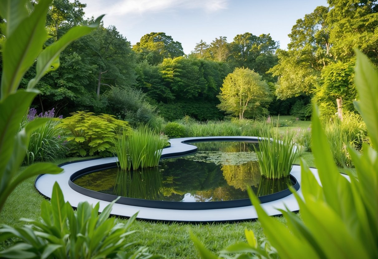 A serene pond surrounded by lush greenery, with a durable Gordon Low EPDM rubber liner seamlessly blending into the natural landscape