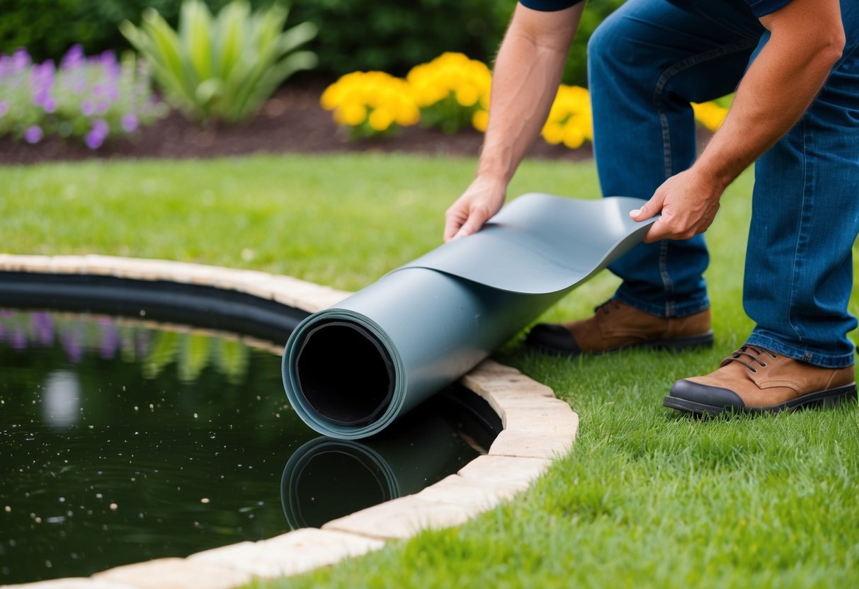 A landscaped pond with a roll of EPDM rubber liner being installed by a person