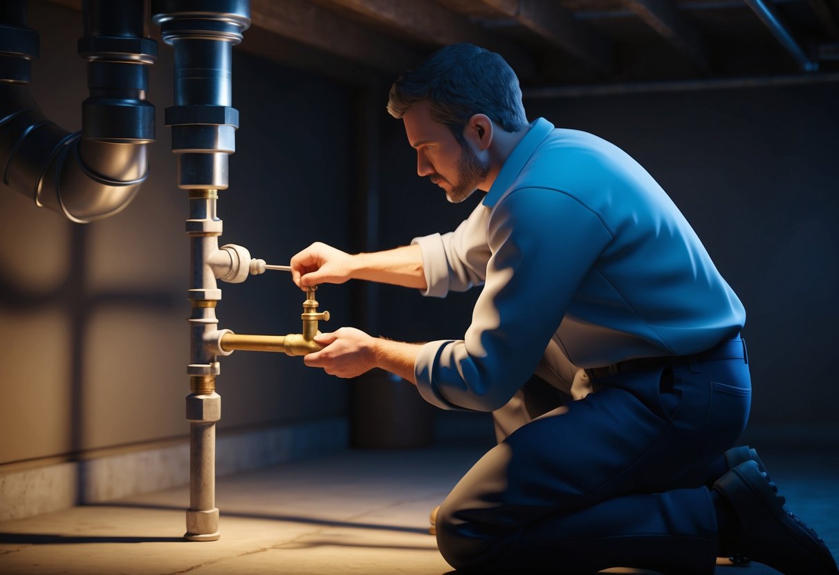 A plumber working on a leaky pipe in a dimly lit basement