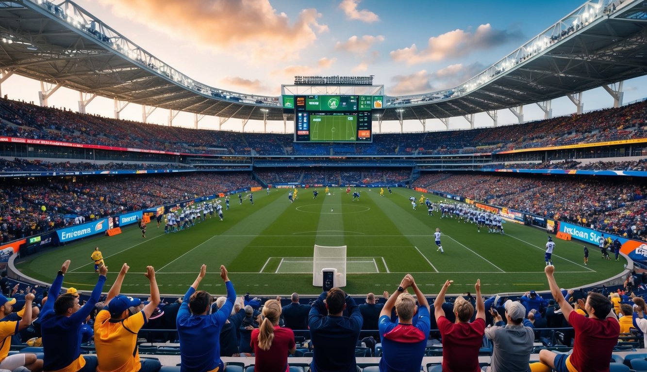 Sebuah stadion olahraga yang ramai dengan berbagai peralatan olahraga dan papan skor besar, dikelilingi oleh penggemar yang bersorak dan pemain yang sedang beraksi