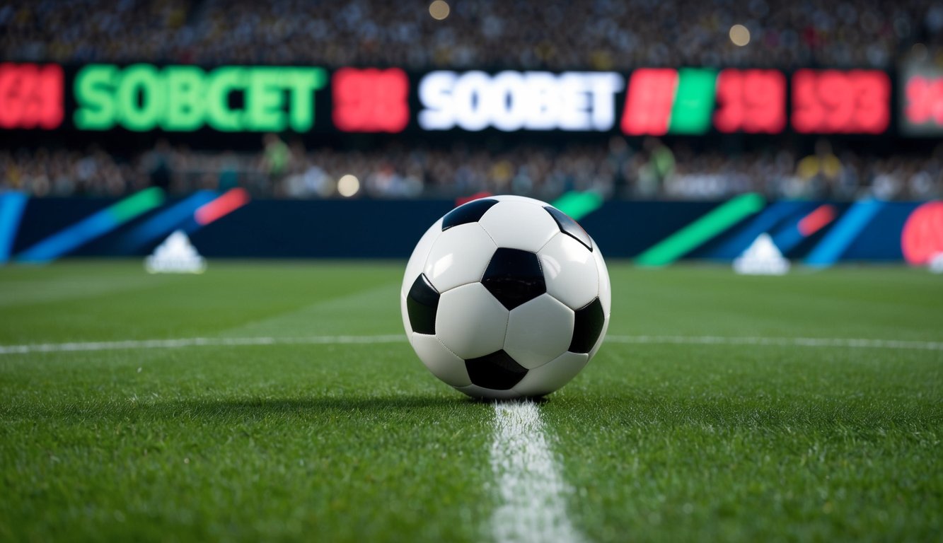 Sebuah bola sepak di lapangan, dikelilingi oleh odds taruhan dan logo SBObet