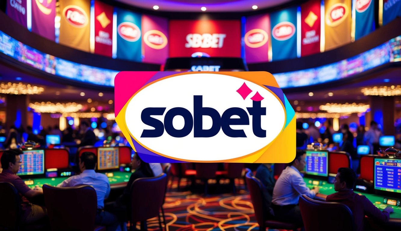 Sebuah suasana kasino yang meriah dengan spanduk berwarna-warni dan logo SBObet yang mencolok, dikelilingi oleh penjudi yang bersemangat dan lampu yang berkedip.