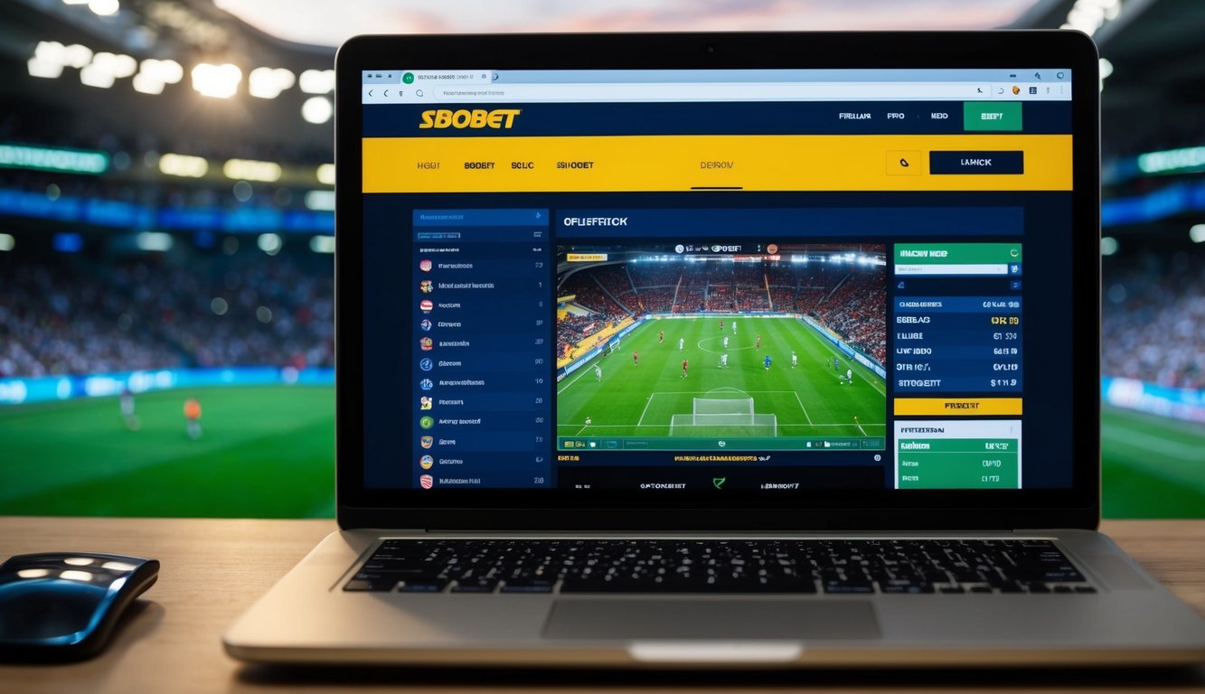 Sebuah pertandingan sepak bola yang disiarkan di perangkat dengan situs web SBObet terbuka, menampilkan odds dan statistik langsung