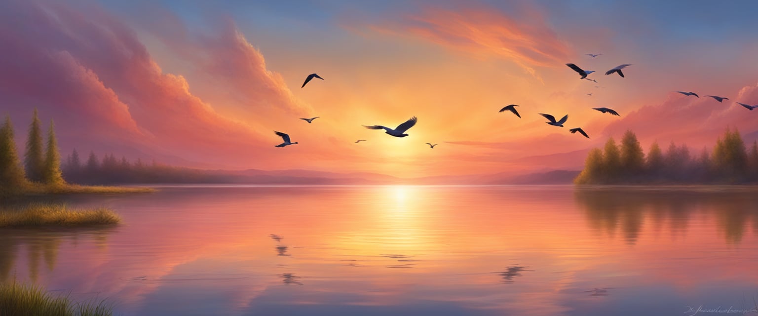 A serene sunset over a calm lake, with ripples spreading across the water and birds flying in the distance