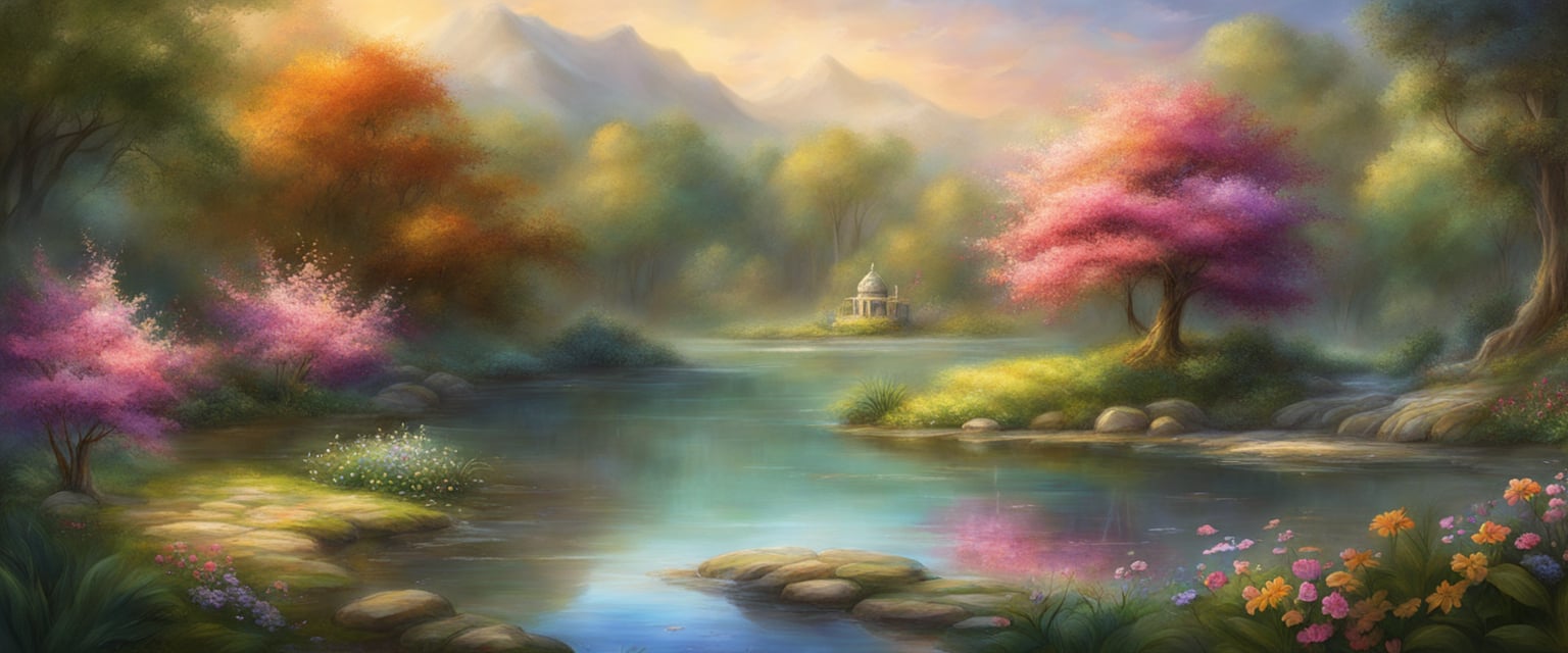 A tranquil garden with a peaceful pond, surrounded by lush greenery and colorful flowers, with a gentle breeze rustling the leaves