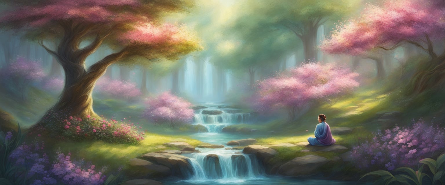 A serene garden with blooming flowers, a flowing stream, and a person meditating under a tree