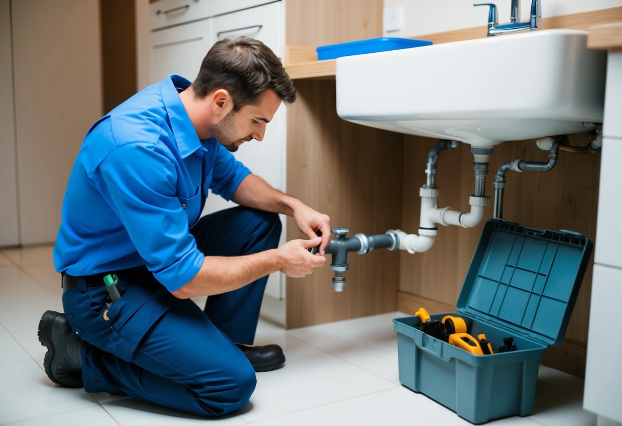 A plumber kneeling next to a toolbox, examining a pipe under a sink