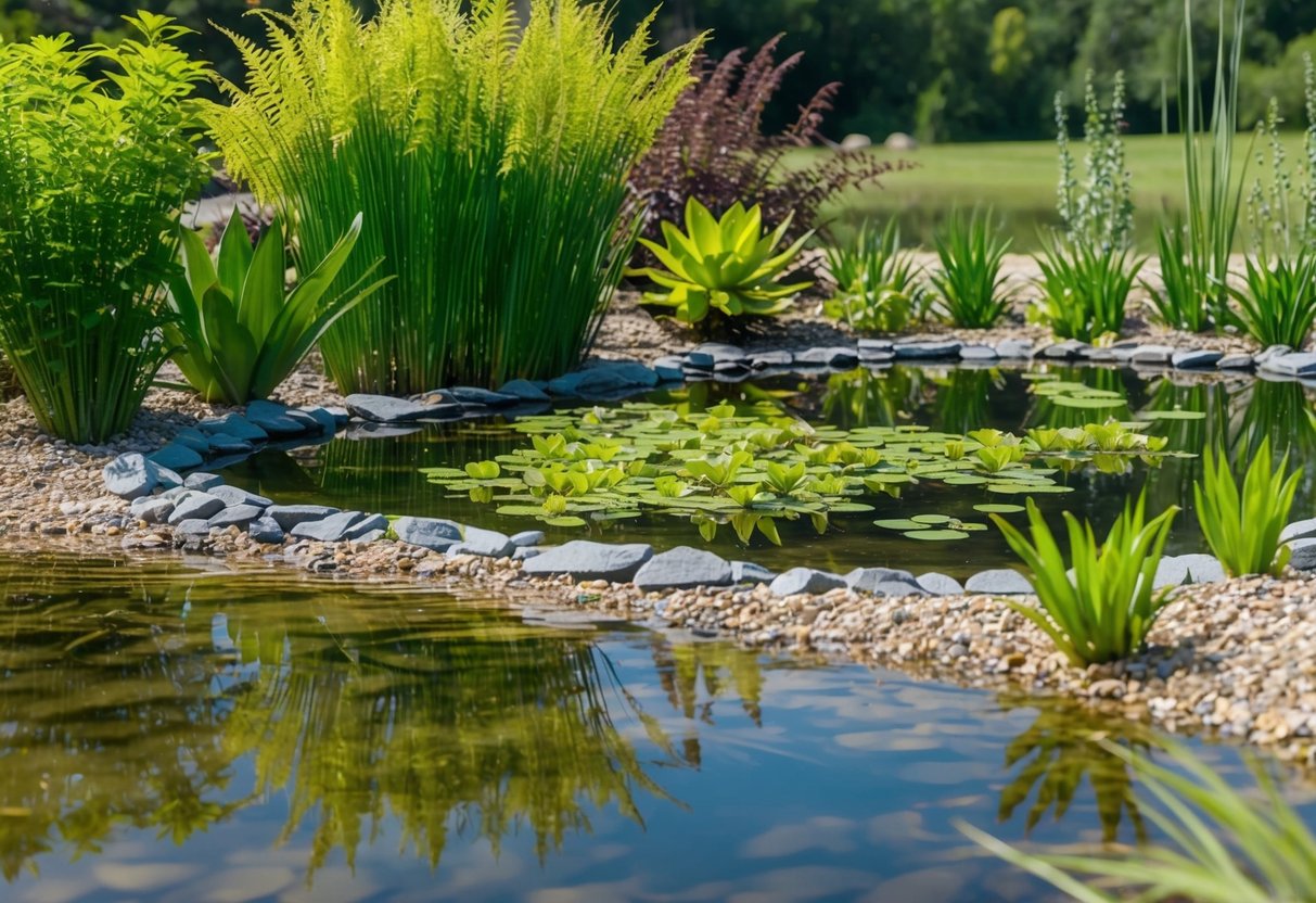 A pond with a variety of aquatic plants and floating vegetation, surrounded by a natural filtration system of rocks and gravel, with clear, still water reflecting the surrounding landscape