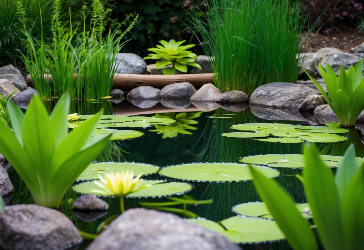 A serene pond with lush aquatic plants and floating lilies, surrounded by rocks and logs to provide habitat for beneficial bacteria and small organisms