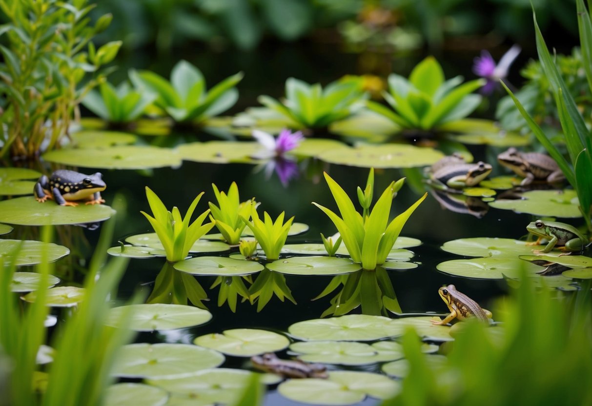 A serene pond with aquatic plants and a healthy population of beneficial microorganisms, surrounded by a balanced ecosystem of frogs, insects, and birds