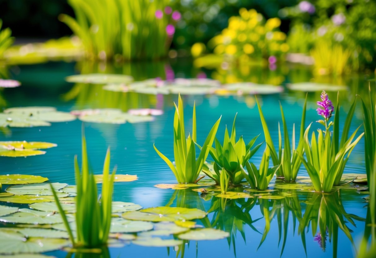 A serene pond with clear water and vibrant aquatic plants, free of algae, pump, or filter