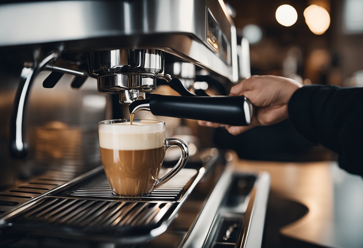 A coffee machine brewing a strong espresso, with creamy coffee being poured into a stylish cup