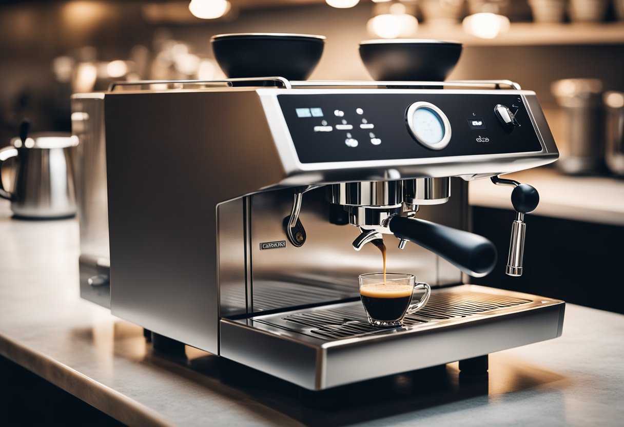 A coffee machine brewing a creamy espresso with a strong aroma, set on a clean, modern countertop