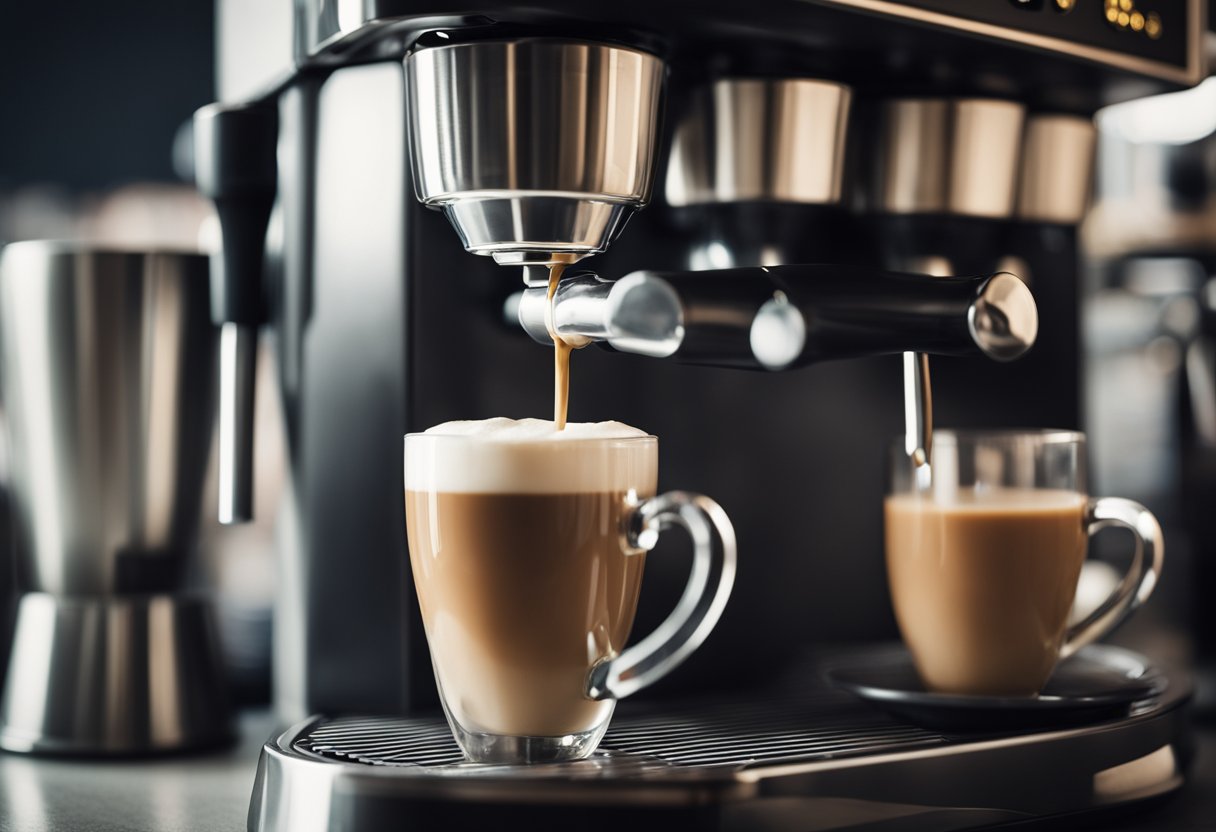 A creamy coffee being poured from a coffee machine into a small cup, with a strong espresso sitting nearby