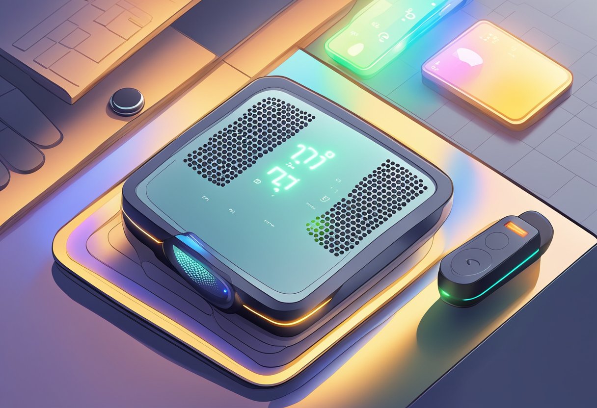 An AI voice recorder sitting on a desk, with a sleek and modern design. It is turned on and displaying a glowing indicator light