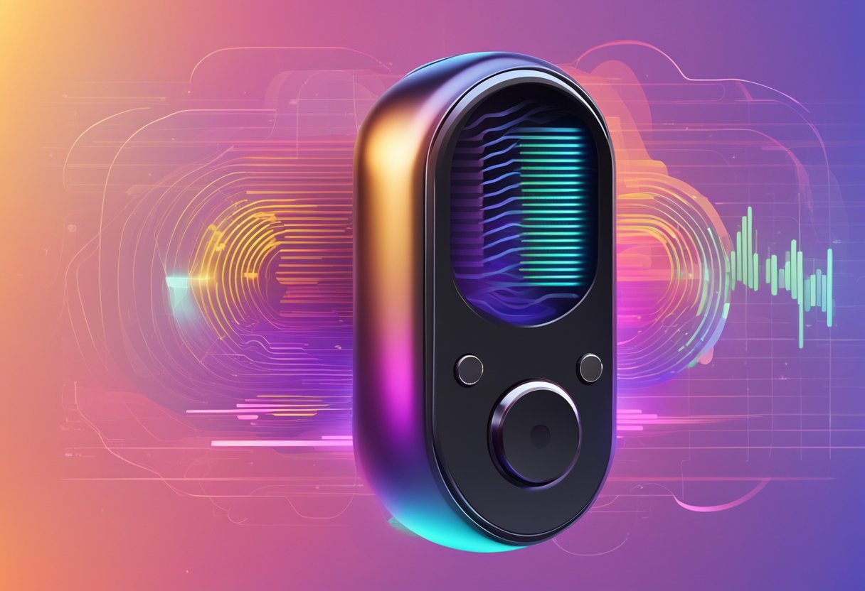 A sleek, futuristic AI voice recorder device with advanced technology and sleek design, surrounded by digital sound waves and data streams