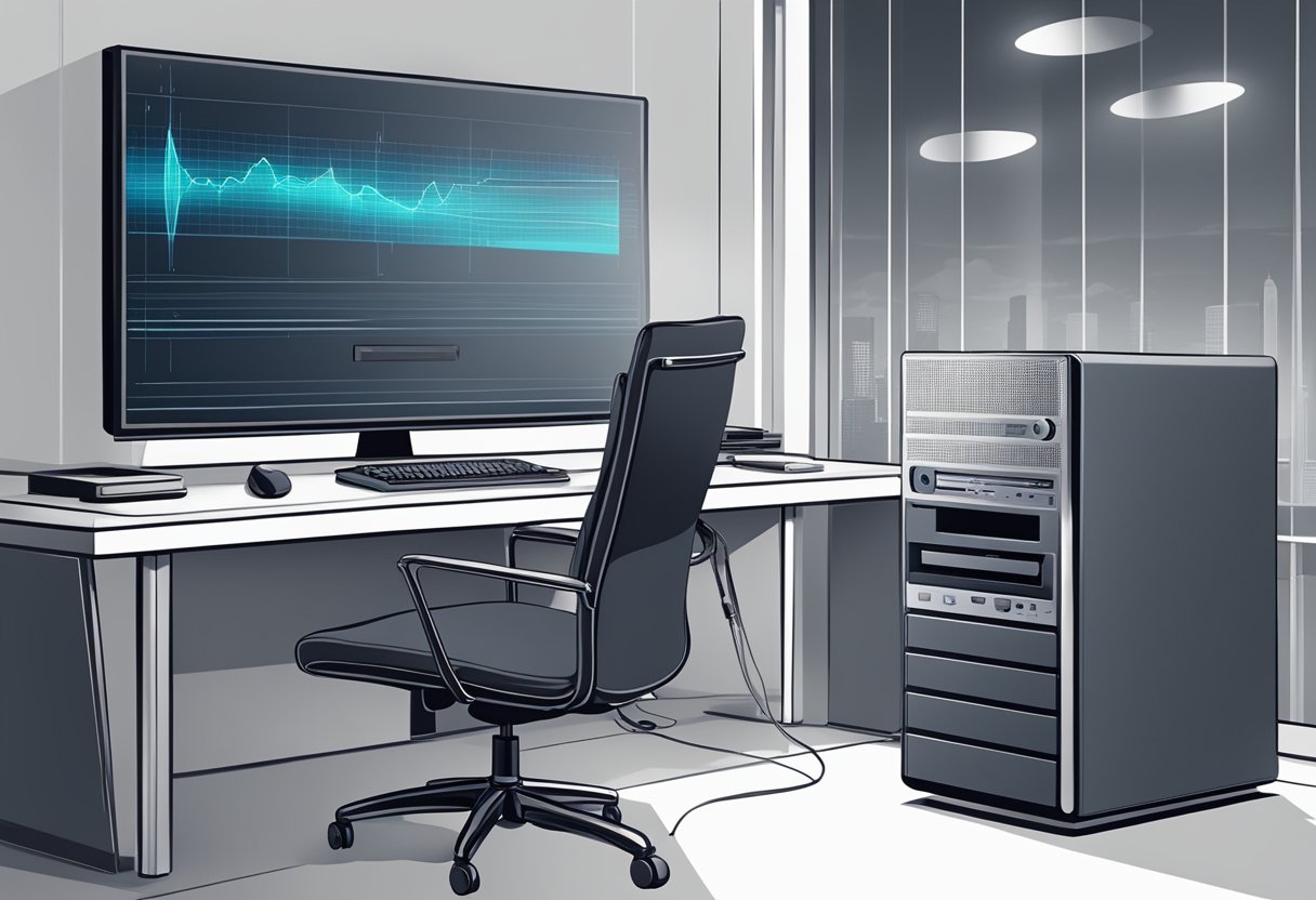 An AI voice recorder in a sleek, modern office setting with a microphone and computer screen capturing sound waves