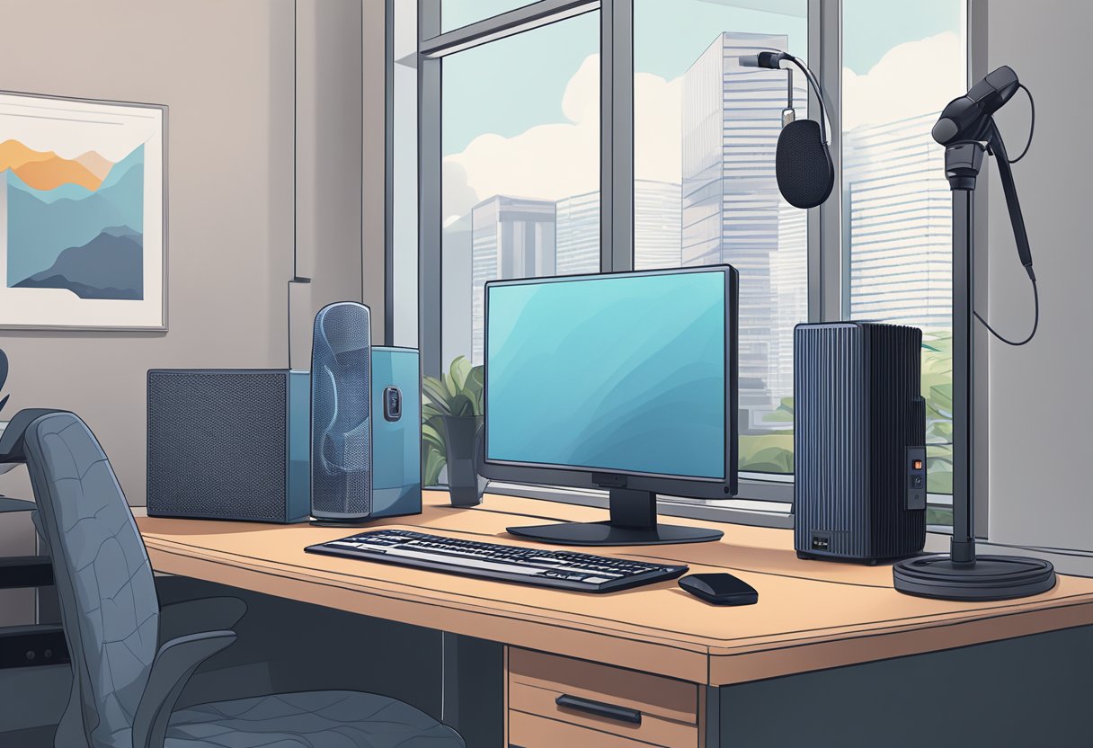 An AI voice recorder in a quiet office setting, with a microphone and computer on a desk, capturing sound waves in the air