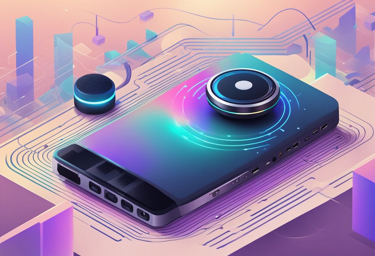 An AI voice recorder surrounded by digital sound waves and futuristic technology