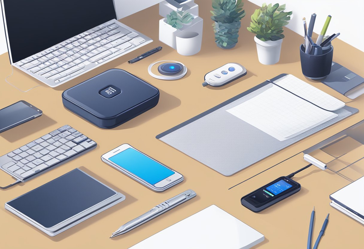 A sleek AI voice recorder sits on a desk, surrounded by modern technology and office supplies. The device is illuminated by soft ambient light, with a digital display showing recording levels