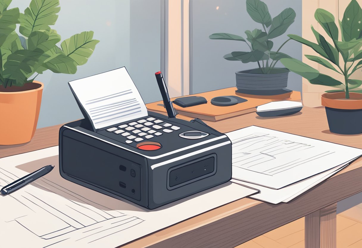 An AI voice recorder sits on a desk, surrounded by a stack of papers and a potted plant. The device is turned on, with a small red light indicating that it is recording