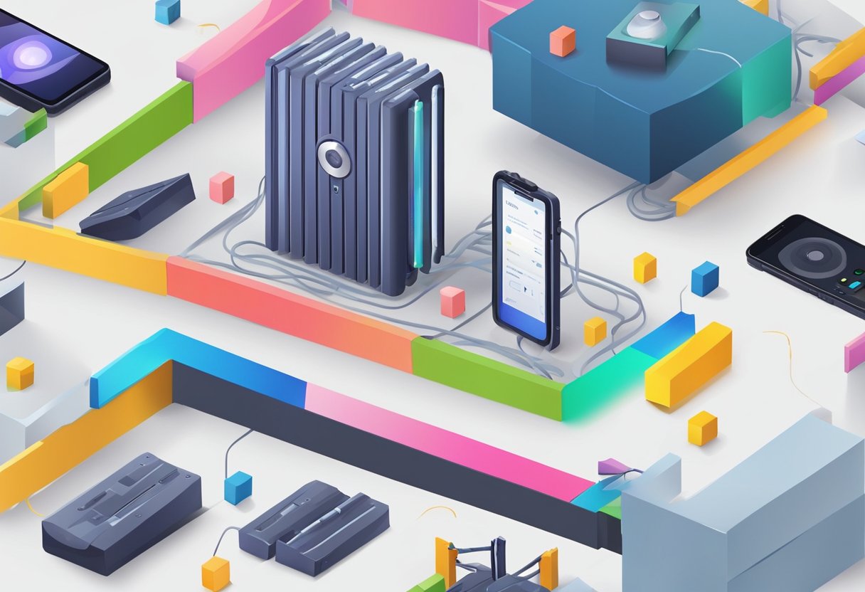 An AI voice recorder surrounded by obstacles and barriers, symbolizing challenges and limitations