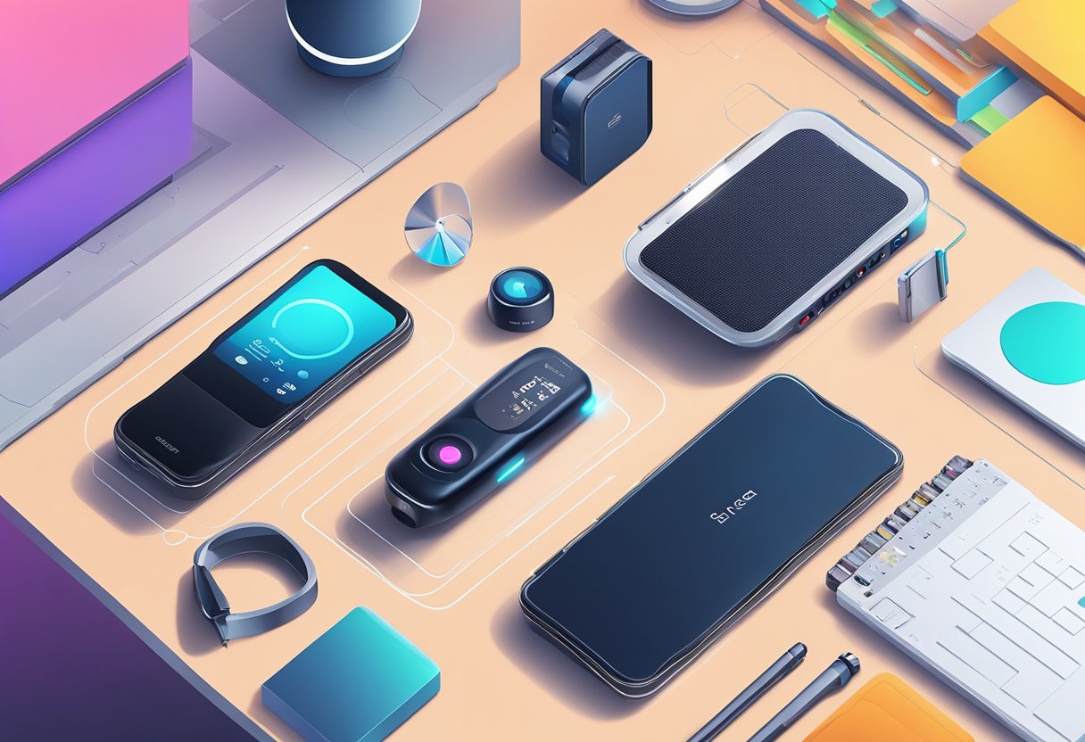 A sleek, modern AI voice recorder sits on a desk, surrounded by high-tech gadgets and a futuristic backdrop
