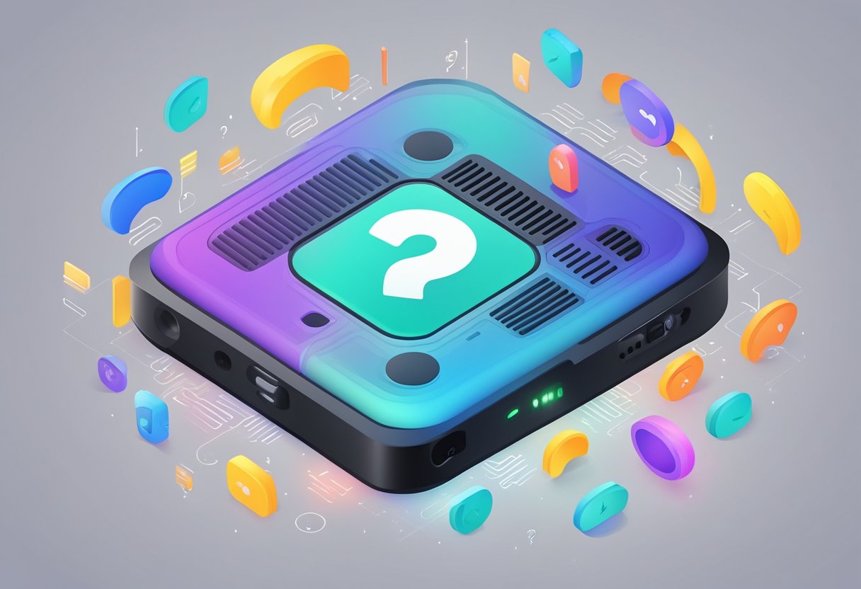 An AI voice recorder surrounded by floating question marks