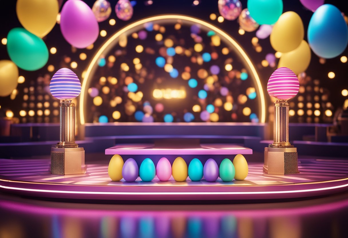 A colorful Easter-themed game show set with podiums, buzzers, and festive decorations. Bright lights illuminate the stage as contestants compete for prizes