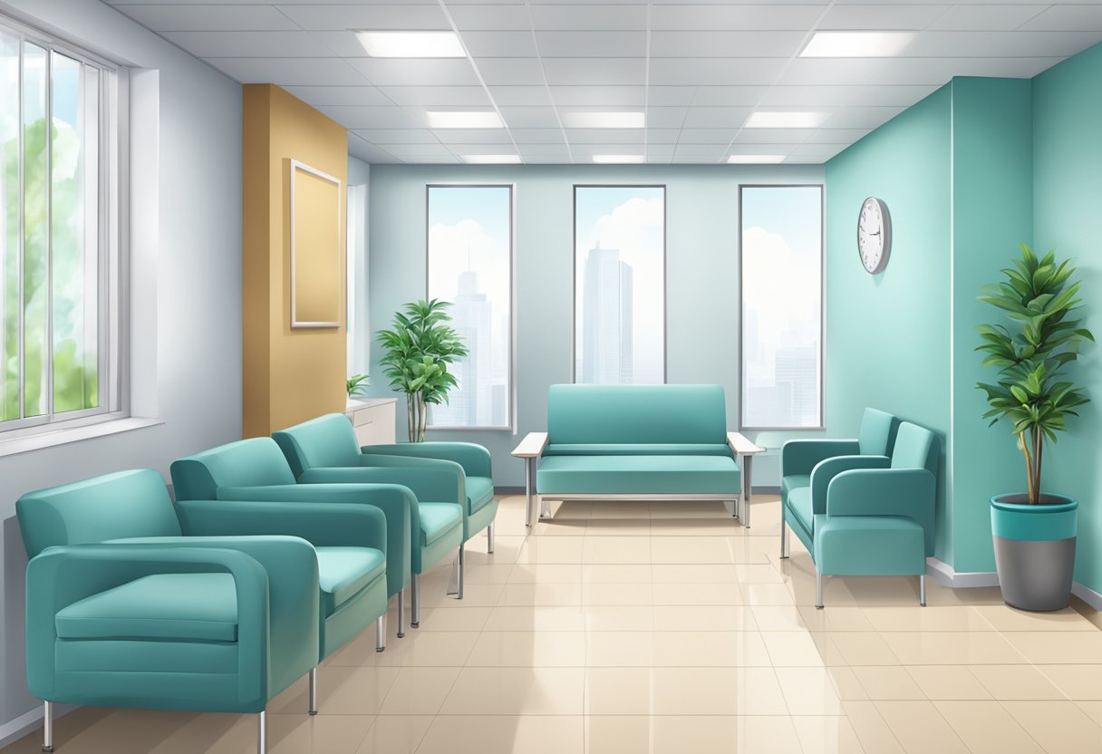 A clean and modern medical office with a reception area, examination rooms, and a waiting area