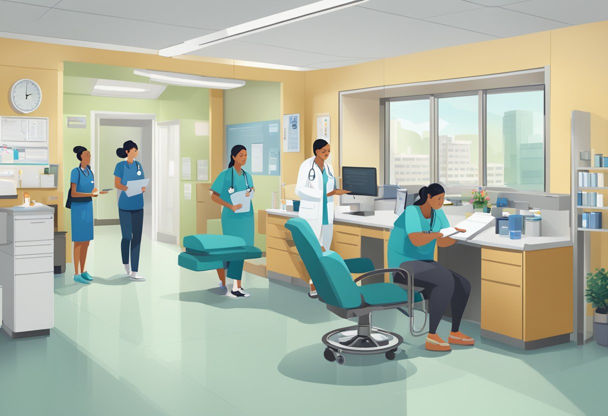 A bustling medical office with a reception area, exam rooms, and staff interacting with patients. Files and medical equipment are visible throughout the space