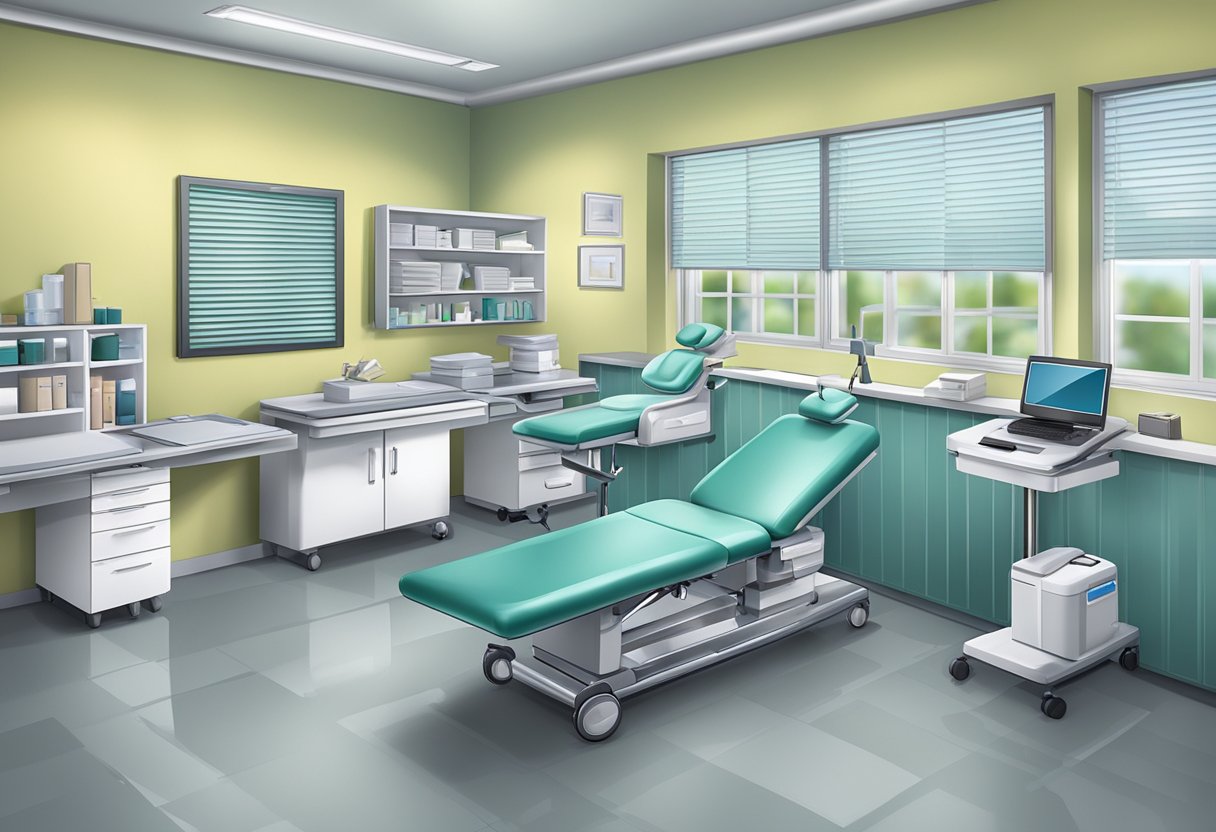 A medical office with equipment and property, such as exam tables, chairs, computers, and medical tools, all covered by a small business insurance policy