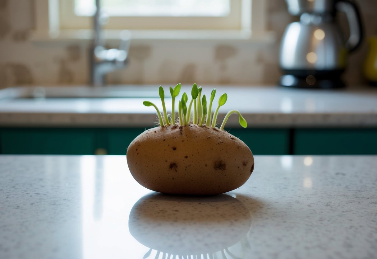 En groende potatis på en köksbänk, med gröna skott som växer fram ur ögonen