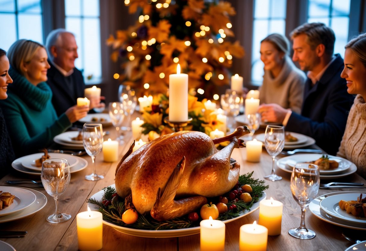 Ett festligt bord dukat med en rostad gås, omgiven av ljus och höstlöv, när människor samlas för en traditionell Mårtensafton middag.